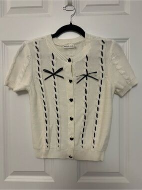 Avec Les Filles Short-Sleeve Knit Cardigan with Black Ribbon Detail